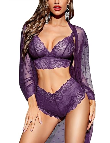 RSLOVE Sexy Lingerie for Women Lace Lingerie Set with Mesh Robe 3 Piece Set Sleepwear Nightwear - XL - Purple
