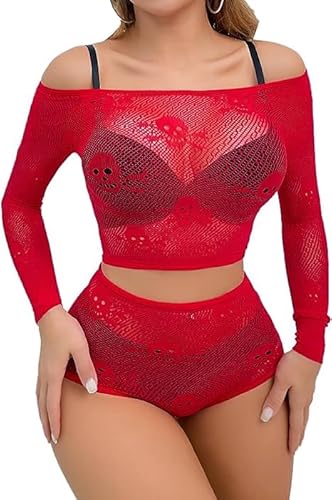 Buitifo Womens Lingerie Set Fishnet Babydoll Bodysuit Sexy Nightwearr Sleepwear Nightdress - One Size - Red Gt