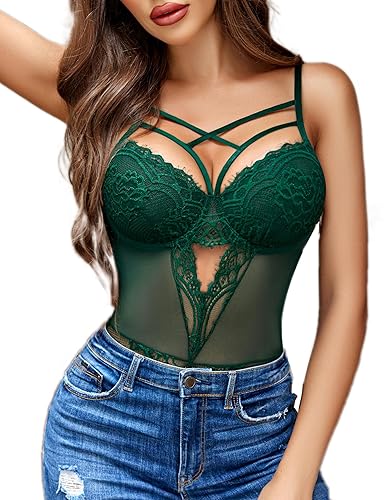 Avidlove Women's Lace Body Sexy Lingerie Corsage Underwear Curvy Bodysuit Teddy One Piece Lingerie - XL - Dark green