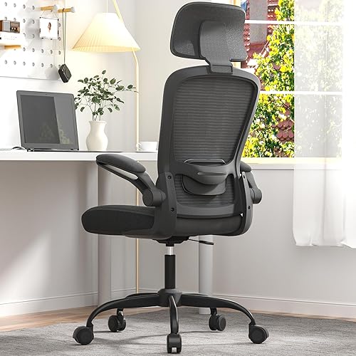 Ergonomic Office Chair for Long Hours & Back Pain Relief – Adjustable Lumbar Support & Headrest, High-Density Foam Cushion, Flip-Up Armrests, Perfect for Work & Study, Black - Dark Black - English