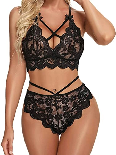 Juesstera Women's Erotic Lingerie Sexy Strappy Bralette and Panties 2 Pieces Lace Bra and Panty Set Deep V Underwear