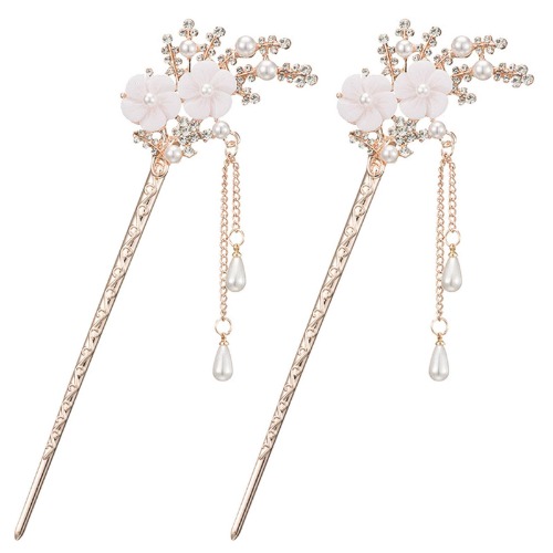 2 Pcs Rhinestone Pearl Flower Hair Stick Chinese Hair Chopsticks Vintage Tassel Hair Pin Chignon Pin Chopsticks Hair Styling Hair Making Accessories for Women (White) - 
