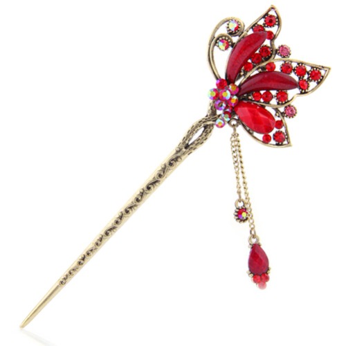 YOY Fashion Long Hair Decor Chinese Traditional Style Women Girls Hair Stick Hairpin Hair Making Accessory with Butterfly,Red - Red