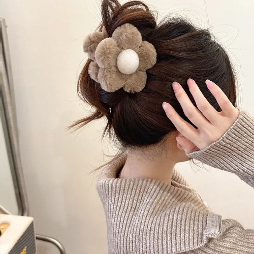 Neutral Browns Cozy Plush Flower Hair Claw Clip Hair Accessories - Brown