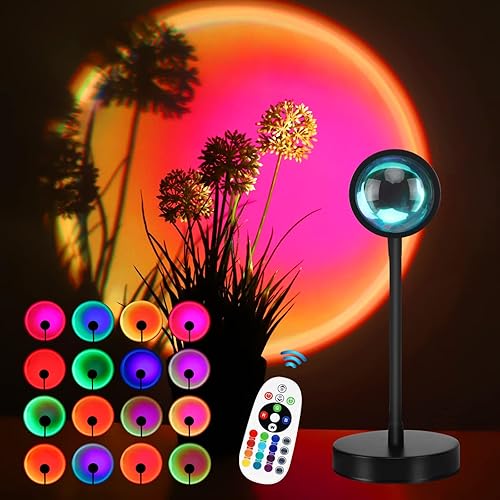 Sunset Lamp Projection, 16 Colors Sunset Lamp Multiple Colors with Remote Control, 360 Degree Rotation LED Sunset Projection Lamp Night Light with Fade Mode for Photography/Party/Home/Decor - 16 Colors