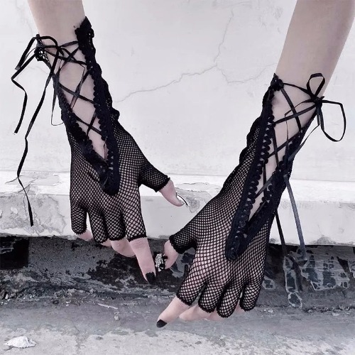 'New Age' Black Anime Lolita Fishnet Gloves - black / One Size