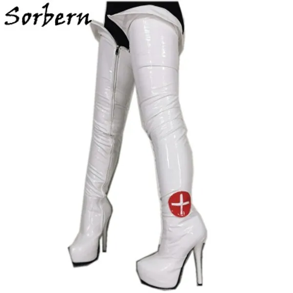 Sorbern Nurse Cosplay Slim Fit Boots Women Sexy White Long Crotch Thigh High Boot Side Zipper