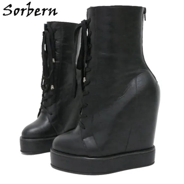 Sorbern Black Cow Real Leather Boots Women Wedges High Heel
