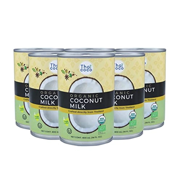 Thai Coco Organic Coconut Milk Canned - Full Fat Coconut Milk Unsweetened - Dairy Alternative Coffee Creamer - 100% Organic - USDA Organic Certified - BPA Free - 6 Cans of 14 fl. oz.