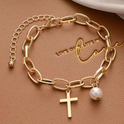 Womens Oval Link Bracelet With Cross Charm and Faux Pearl