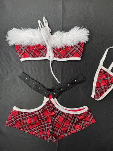 Red Metallic Plaid/Black Tube Top/Shorts Two-Piece Lingerie Outfit | XS