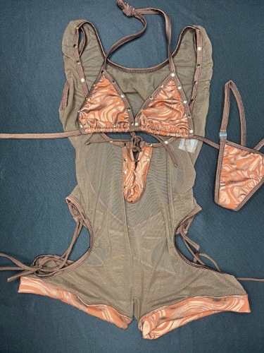 Mocha Spandex/Mesh One-Piece Bikini Top Sleeveless Romper Lingerie Outfit | XS