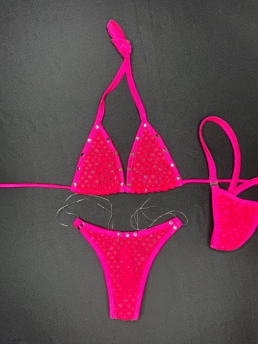 Hot Pink Spandex/Fishnet Bikini Two-Piece Lingerie Outfit | XS