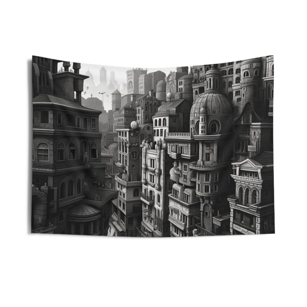 Gothic City  Wall Tapestry, Black and White Tapestry, City Scape Tapestry
