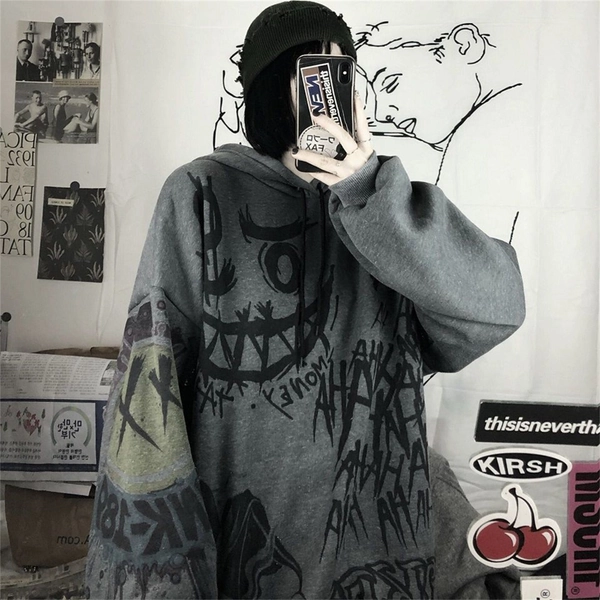 Gothic Harajuku Hoodie Sweater,Skull Smiley Sweater,Streetwear Hip-hop Clothing,Y2k Cloth,Grunge Clothing,Edgy Clothing,Plus Size Thick Top