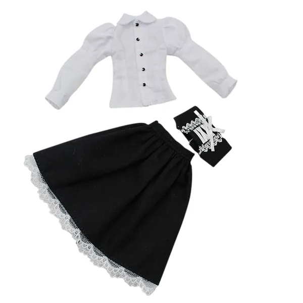 Neo Blythe Doll White Shirt with Belt, Black & Brown Skirt