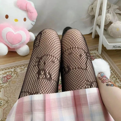 Cute Kawaii Goth Kitty Cat Fishnet Tights - Hello Kitty-Black
