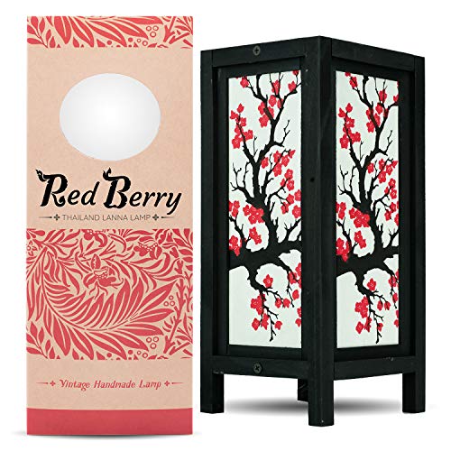 Red Berry Bedside Japanese Decor Lamp - Vintage Handmade Decor Decorations Table Lamp with Fabric Square Lamp Chinese Decor - Bedside Table Japanese Cherry Blossom Japanese Sakura O