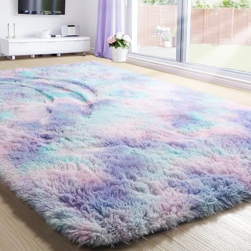 Amdrebio Blue Purple Mermaid Rugs for Girls Bedroom Aesthetic,5x8 Rug,Kawaii Unicorn Area Rug for Kids Room,Large Tie Dye Rug,Shag Fluffy Plush Carpet for Playroom,Nursery,Cute Room Decor for Baby - 5x8 Feet - Blue Purple