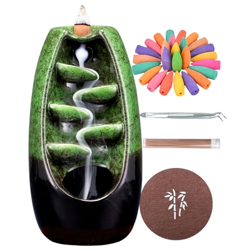 SPACEKEEPER Ceramic Backflow Incense Holder Incense Burner Waterfall with 120 Backflow Incense Cones & 30 Incense Stick, Aromatherapy Ornament Home Decor, Green - Green