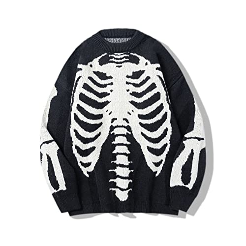 Perbai Men's Vintage Skeleton Ghost Sweater Crewneck Long Sleeve Halloween Oversized Knitted Jumper Top - Large - C Black