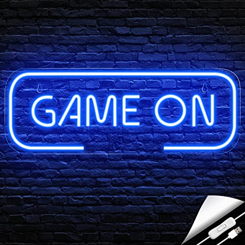 Kavaas Gaming Neon Sign, Game On Neon Sign for Game Room Decor - LED Game Neon Sign for Teen Boy Room Decor, Gamer Wall Decor - Best Gamer Gifts for Boys, Kids (Blue) - Game On Blue