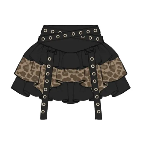 Straps Design Leopard Pattern Black and Brown Tiered Skirt