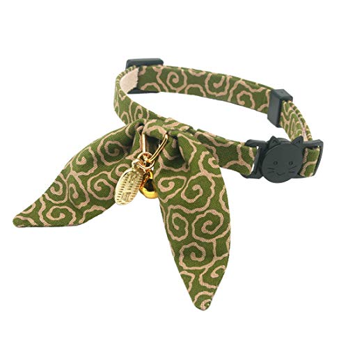 PetSoKoo Bunny Ears Cat Collar, Japan Lucky ‘開三運’ Charm. Safety Breakaway Bowtie Kitten Collar with Bell, Green - Standard (8-12inch,20-31cm) - Green