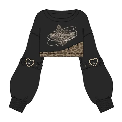 Leopard Pattern Black and Brown Cropped Sweat Shirt