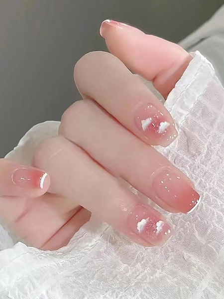 Upgrade Your Look with 24pcs Short Square Blush Cloud Pattern French Ombre Fake Nail & 1pc Nail File & 1sheet Tape