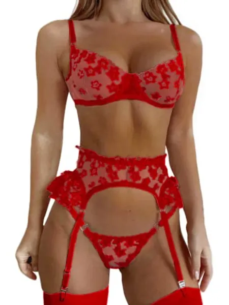 Kaei&Shi Garter Lingerie for Women,Underwire Embroidered Sexy Lingerie,Ruffle 3 Piece Lingerie Set