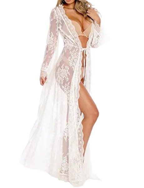 BUTTZO Women Sexy Long Lace Dress Sheer Gown See Through Lingerie Kimono Robe Swimsuit Cover Up