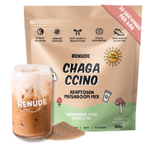Renude Chagaccino - Wild-Foraged Chaga Mushroom Coffee - Adaptogen Energy Boost Powder - Natural Beauty & Immune Support - Vegan, Keto, Zero Calorie Mushroom Blend Powder (30 Servings) - 30 Serving