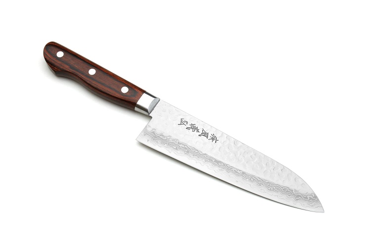 Yoshihiro VG-10 16 Layer Hammered Damascus Stainless Steel Santoku Chefs Knife (7'' (180mm)) - Santoku 7'' (180mm) - Mahogany Handle