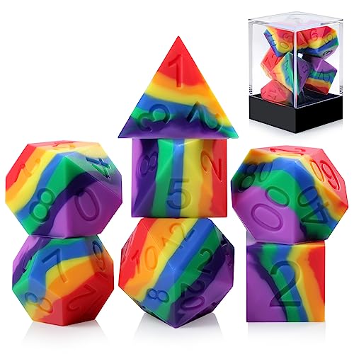 Silicone DND Dice Set, DNDND 7PCS Silicone Squishy Rubber D&D Dice with Clear Plastic Display Case for Dungeons and Dragons Role Playing Games and Tabletop Games（Rainbow - Rainbow