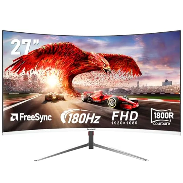 Gawfolk PC-Monitor, 27 Zoll, gebogen, 180 Hz, Gaming Computer, Monitor, FHD 1080p, 1800R, 178° Weitwinkel, freie Synchronisation, HDR, Ultra – schmale Lünette, HDMI/DisplayPort – Weiß