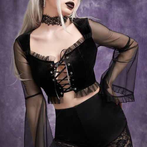 'Crashed' Black Goth Mesh Crop Top with Sleeves - Black / S