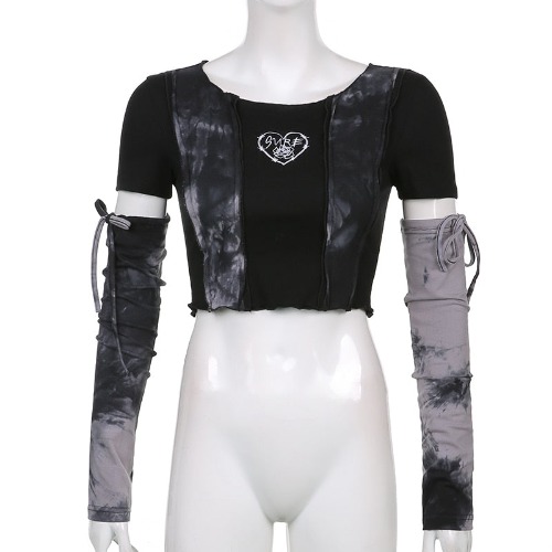 Grunge Crop Top with Arm Gloves - Black Tie Dye - Black 1 / M