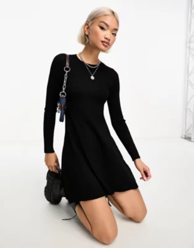 Only mini knitted skater dress in black 