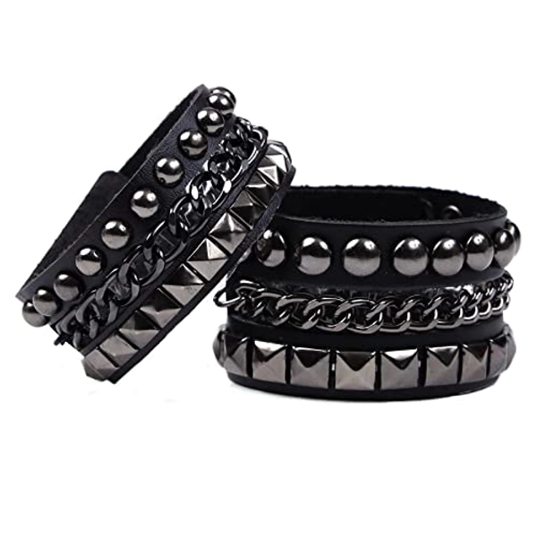 Eigso Black Leather Bracelet Punk Spike Rivet Cuff Bangle Metal Studded Halloween Wristband for Women and Men