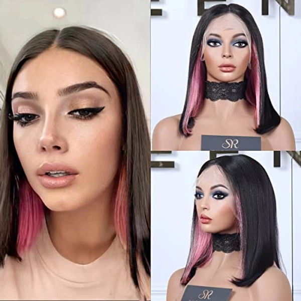 SR SHEENREAL Bob Wigs Human Hair HD Lace Front Wigs Short Bob HD Transparent Lace T-Par with Natural Hairline (Pink, 14 Inch)