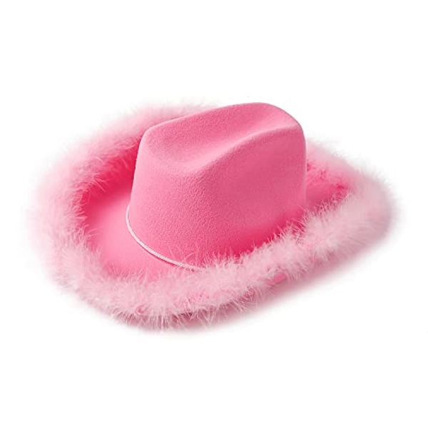 Amybasic Pink Feather Boa Cowgirl Hat for Teengae Girls or Women for Bachelorette Party, Cowboy Themed Party and Birthday
