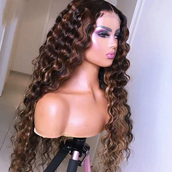 QUINLUX WIGS 180% Density 1B/30 Color Blonde Highlight Wig HD Transparent Lace Wig Water Wave Ombre Colored 13x6 Lace Front Human Hair Wigs Glueless Brazilian Human Hair 26 Inch