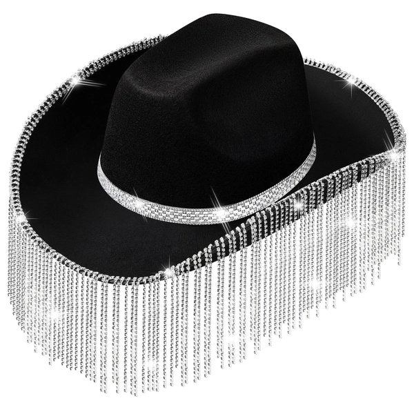 Rhinestone Cowgirl Hat Bling Diamond Fringe Cowboy Hat Western Hat Glitter Cowboy Hat for Men Women Cosplay Party Costume