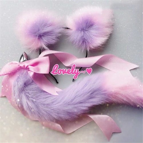 Luxury Neko Tail & Ear Sets - purple & pink