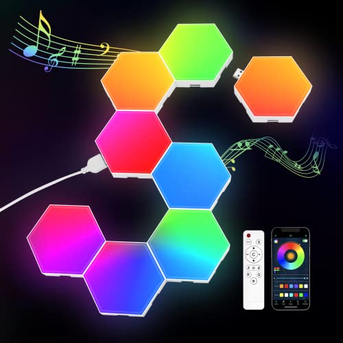 8 Pack Hexagon Light Panels - Smart RGB Hexagon LED Lights Wall Lights with APP & Remote Control Cool Music Sync Gaming Lights Tile Light for Living Room, Bedroom, Gaming Room, Kids, Adults - hexagon lights-8PCS