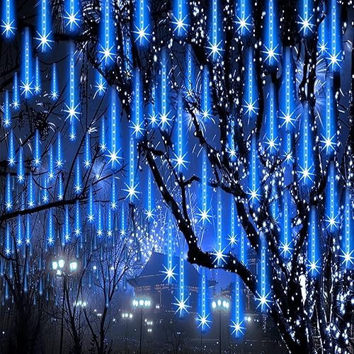 ZPQBEYE Christmas Lights Outdoor Meteor Shower Lights 24-Tube 576LEDs Snow Falling Rain Cascading Icicle Light for Xmas Tree Christmas Decorations Wedding Party Holiday Garden Decor, UL Plug Blue - Blue