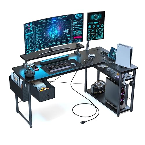 DOMICON L Shaped Gaming Desk, 55 Inch Computer Desk with Adjustable Stand & RGB Lights, Corner Desk for Power Outlet, Carbon Fiber Texture, Gaming Room - 55 Inch - Carbon Fiber Pro