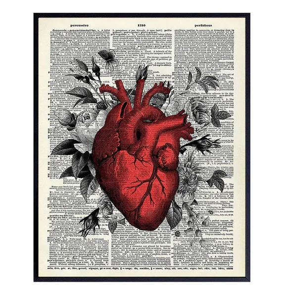Retro Floral Heart Dictionary Art Print - Vintage Upcycled Wall Art Poster and Home Decor for Bedroom, Bathroom, Living Room, Nurses, Doctors Office - Great Gift for Goth, Steampunk Fans - 8x10 Photo