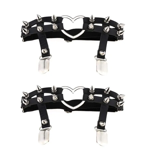 Jurxy 2PCS Gothic Studded Heart Garters Leg Ring Leg Elastic Punk Harness Garter Belt Adjustable Suspender with 2 Metal Clips – Black